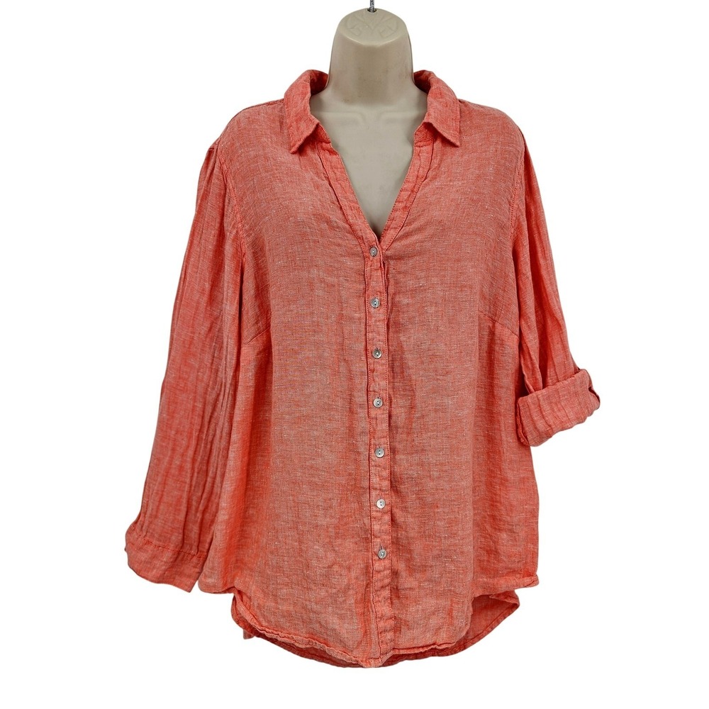 Sigrid Olsen 100% Linen Shirt Women XL Pink Button Up Tunic Top Coastal Beachy